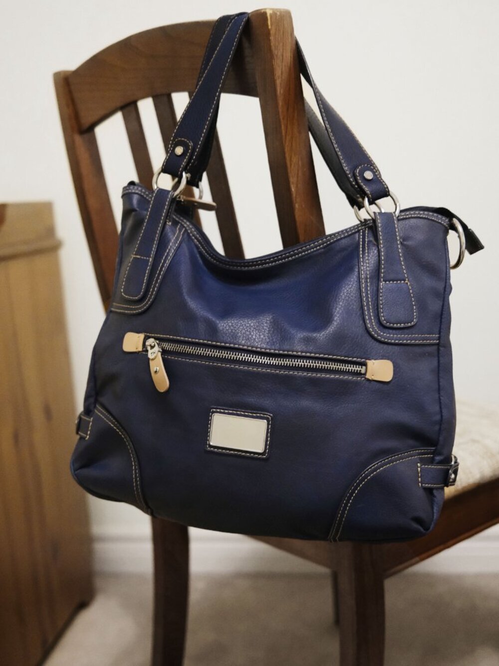 Y2K Tommy Hilfiger Pebbled Leather Navy Classic Tote Over Shoulder Large Purse